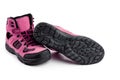 Men`s winter boots pink for expeditions of travel isolated on a white background