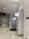 men\'s and women\'s restrooms lobby Bahrain airport, public area without people, beautiful modern european airport hall