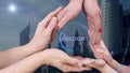Men`s, women`s and children`s hands show a hologram Passion