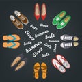 Men`s and Women`s shoes top view. Shoes icons. Sneakers and Slippers collection. Vector