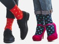 Men`s and women`s trendy shoes, bright socks Royalty Free Stock Photo