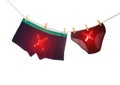 Men`s and women`s underpants hang on a clothesline with red crosses. Concept of male and female sexually transmitted infections,