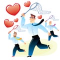 Men in search of love caught red heart butterfly net Royalty Free Stock Photo