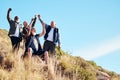 Men, senior and hiking success in nature, celebration and victory, cheering and happy on blue sky background. Elderly