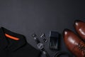 Men set with stylish accessorizes on black background, flat lay. Space for text