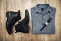 Men shoes shirt and wristlet watch