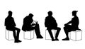 Men sitting in different poses. Stencil. Vector illustration of black silhouettes of various men sitting on boxes