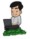 Men sitting on money with laptop