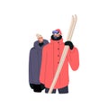 Men skiers with skis. Male friends with sport equipment for winter holiday fun, active entertainment. Young guys couple