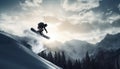 Men snowboard down mountain range, jumping with exhilaration in winter generated by AI