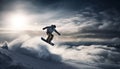 Men snowboarding in winter, flying over mountain peaks with excitement generated by AI