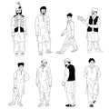 Men from Southern Asia in different poses sketch outline silhouettes set. Inclusiveness and diversity design elements vector