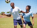 Men, sport and soccer with header, ball and contest for defender and striker on field for wellness. Man, football player Royalty Free Stock Photo