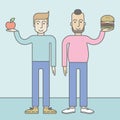 Men standing with hamburger and apple