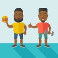 Men standing with hamburger and dumbbell