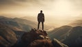 Men standing on mountain peak, conquering adversity generated by AI Royalty Free Stock Photo