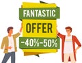 Men standing near promotional banner. Male characters advertising fantastic offer, best discounts