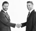 Men in suits or businessmen hold hands in handshake.