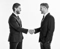 Men in suits or businessmen hold hands in handshake.