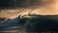 Men surfing on large barrel at sunset generated by AI