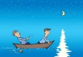 Men are swimming in boat. Vector drawing Royalty Free Stock Photo