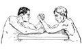 The men at the table are measured force, arm wrestling