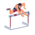 Men takes part in the hurdle race and jumps well over the barrier, success, goal, isolated object on a white background