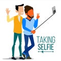 Men Taking Selfie Vector. Laughing. Photo Portrait Concept. Self Camera. Youth Concept. Modern Flat Isolated People