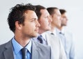 Men, thinking and serious for job interview, hiring selection and ready for finance career. Worker, corporate accountant