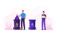Men Throw Garbage into Special Containers with Recycle Sign for Plastic and Organic Litter. Special Bins for Trash
