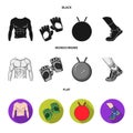 Men torso, gymnastic gloves, jumping ball, sneakers. Fitnes set collection icons in black, flat, monochrome style vector