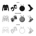 Men torso, gymnastic gloves, jumping ball, sneakers. Fitnes set collection icons in black,monochrome,outline style