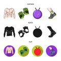 Men torso, gymnastic gloves, jumping ball, sneakers. Fitnes set collection icons in cartoon,black,flat style vector