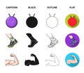 Men torso, gymnastic gloves, jumping ball, sneakers. Fitnes set collection icons in cartoon,black,outline,flat style