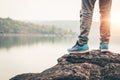 Men tourists in beautiful nature in tranquil scene Royalty Free Stock Photo