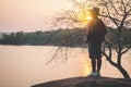 Men tourists in beautiful nature in tranquil scene. Royalty Free Stock Photo