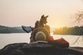 Men tourists in beautiful nature in tranquil scene. Royalty Free Stock Photo