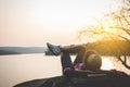 Men tourists in beautiful nature in tranquil scene. Royalty Free Stock Photo