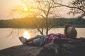 Men tourists in beautiful nature in tranquil scene. Royalty Free Stock Photo