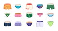 Men underwear. Cartoon man boxer briefs and trunks, male pants and briefs in different styles and colors, male