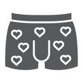 Men underwear with hearts glyph icon, valentine and holiday, men panties sign, vector graphics, a solid pattern on a