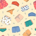 Men underwear seamless pattern. Male panties, different types, boxers, trunks and briefs with ornaments, repeated