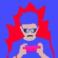 Abstract Men with glasses use smartphone red blue color