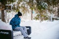 Men walk in a winter park