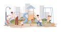 Men walking with children outdoor at playground vector flat illustration. Happy smiling kids playing with toys.