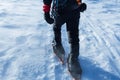 men wallking in snow storm with snowshoe Royalty Free Stock Photo