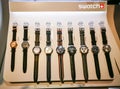 The men watch collection of Swatch, is a Swiss watchmaker brand displaying at retailer store in a shopping center.