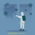 Men wearing chemical protective suit Spraying chemical to protect coronavirus 2019-nCoV concept