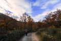 Men walking in a path betwwen trees in a autumn day Royalty Free Stock Photo