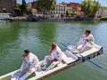 Men in white of Languedoc water jousting in southern France Royalty Free Stock Photo